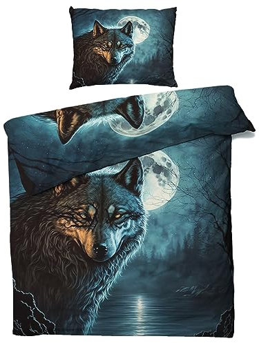 MOBEITI Wolf Motiv Bettwäsche 155x220, Fantasy Mond Wolfsmotiv Wendebettwäsche, Weiche Kuschelige Mikrofaser Bettbezug Set 2teilig, 1 Kissenbezug 80x80, mit Reißverschluss