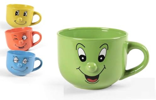 Utilissimi EDITACASA - set - kit 4 tazze prima colazione - stile fantasy - umoristico - faccine, colore bianco con fantasia assortita della capienza di 315 ml - altezza 11 cm