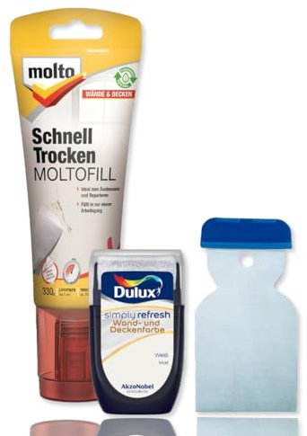 Molto Reparatur Set Moltofill Schnelltrocken mit Dulux Weiß Farbroller und Metallspachtel