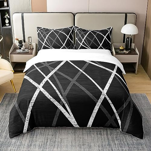 Homewish Housse de Couette Moderne Noire et Grise pour Jeunes Adultes, Parure de Lit 220x240 Géométrique en 100% Coton, Ensemble de Literie Rayée Rétro du Milieu du Siècle, Couvre Lit Simples