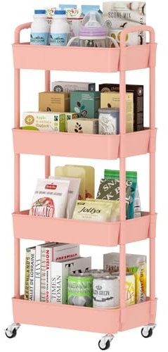 Sywhitta Rollwagen aus Kunststoff mit 4 Ebenen, multifunktionaler Aufbewahrungswagen für Büro, Wohnzimmer, Küche, beweglicher Aufbewahrungs-Organizer mit Rollen, Rosa