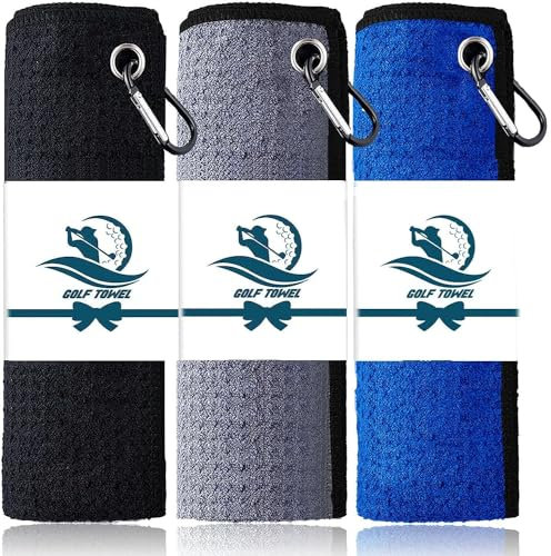 FINGER TEN Golf-Handtuch, Mikrofaser, Waffelmuster für Golftaschen für Herren und Damen, mit Clip, 39 x 40 cm, Set in Schwarz, Grau, Blau (Schwarz, Blau und Grau, 40 x 40 cm)