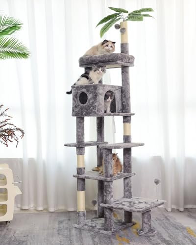 Cat Tree, 195cm Cat Scratching Post Stable Cat Tower for Indoor Cat, Activity Centre Cat Climbing Tree with Cat Houses, Hammock, 4 Sisal Posts, Ladder, and Rest Place