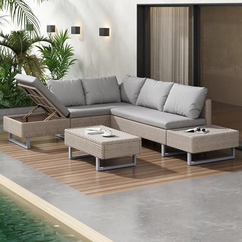 ZYLOYAL10 Poly-Rattan-Garnitur, Gartengarnitur Sitzgruppe Sofa Lounge,Gartenlounge für 4-5 Personen, Lounge mit Ecksofa, Tisch & Auflagen, Abnehmbarer und waschbarer Stoffbezug (Khaki)