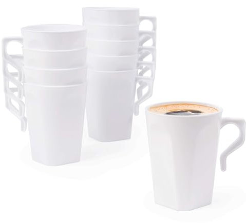 MATANA 150 White Hard Plastic Coffee Mugs, 255ml - Cups with Handles for Coffee, Tea, Chocolates, Hot & Cold Drinks - Sturdy & Reusable - Camping, Picnic, Barbecues, Parties