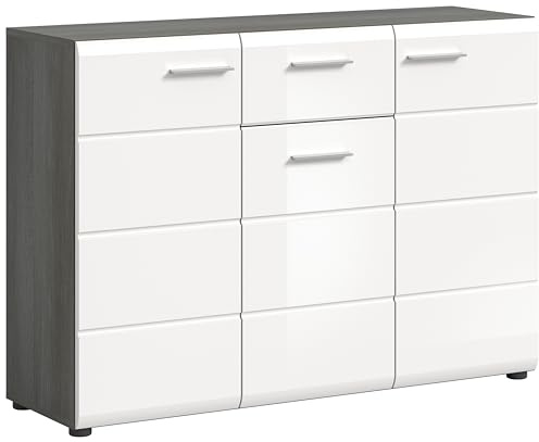 xonox.Home - Kommode Salsa 120x85x37 cm in Front weiß Hochglanz MDF Tiefzieh Korpus rauchsilber Nb - Schrank - modern, geräumig und funktional