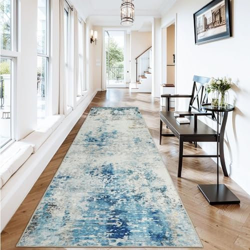 Homcomodar Läufer Teppich für Flur 80x250cm rutschfeste Moderne Abstrakter Teppiche Läufer Waschbare Küche Teppich Läufer Faux Wolle Boden Teppich Schlafzimmer Teppiche Runner(Blau)
