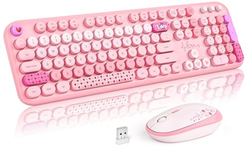 MOFII Kabellose Tastatur und Maus, niedliche Retro-Schreibmaschinentastatur und 3 DPI, leise Maus, 2,4 GHz Computertastatur in voller Größe, kabelloses Maus-Set für PC, Laptop, Desktop, Windows (Pink