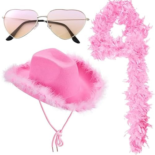 Cowgirl-Hut Cowboyhüte mit Federboa, herzförmige Sonnenbrille für Frauen, flauschige Federkrempe, Cowboyhut für Cosplay, Halloween, Kostüme, Junggesellinnenabschied, Rosa, Einheitsgröße