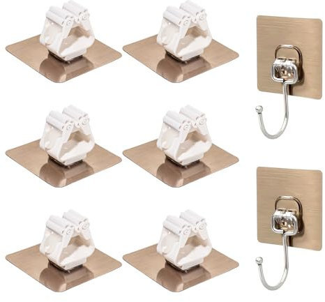HDGSAFD Lot de 6 supports pour balai à franges - 2 crochets dorés - Porte-balai sans perforation - Clip auto-adhésif - Étagère de rangement pour outils de nettoyage - Crochet mural pour serpillère -