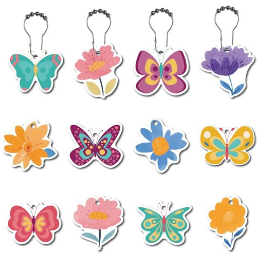 CREATCABIN 12Pcs 12Styles Butterfly Shower Curtain Hooks Rings Flower Shower Hooks Metal Shower Curtain Rings Shower Curtain Hanger with Stainless Steel Chain for Bathroom Decoration Set of 12
