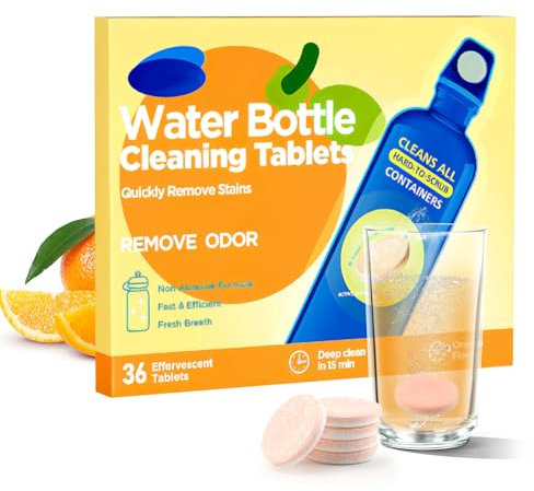 36PCS Water Bottle Cleaning Tablets, Bottle Cup Clean Sterilising Steriliser Tablet Descaler Reservoir Cleansing for All Plastics, Stainless Steel and Glass Drinking Containers, Orange Flavor