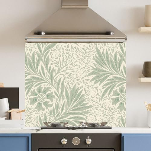 Toughened 6mm Glass Kitchen Splashback 90 x 65cm Pale Green Leaf Pattern Heat Resistant Back Splash for Cookers Hob