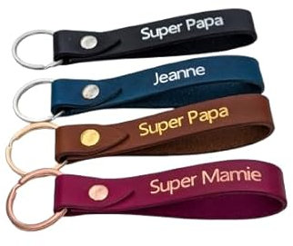 Porte clé personnalisé en cuir, fait main en France. Gravure Or, Or rose ou Argent. Cadeau mamie, cadeau Papa, cadeau Noël.