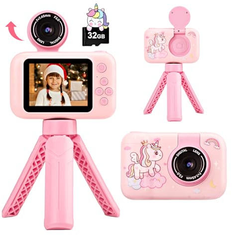 Fotocamera per Bambini con Treppiede, Macchina Fotografica Digitale Unicorno per Ragazze e Ragazzi 3-10 Anni, 1080P, Display IPS 2.4, Obiettivo Rotante 180°, Scheda 32GB, Regalo Natale o Compleanno