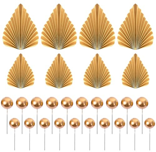SYEYCW 48 Pcs Gold Cake Topper Decorations, 8 Pcs Paper Palm Leaf Fan Cake Decorations, 40 Pcs Round Ball Cake Toppers, Ball Leaves Cake Insert Decoration for Cake Decorating, Wedding, Valentine's Day