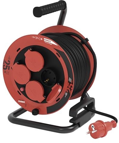 EMOS - Avvolgicavo 25 m - 4 prese Schuko con maggiore protezione contro il contatto - impermeabile e resistente al freddo, resistente agli urti - 230 V, 10 A, 2300 W - Isolamento in gomma - H05RR-F3G