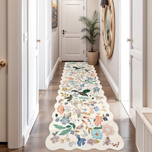 Waschbarer Flur-Läufer-Teppich: Langer Läufer mit Blumenmuster, weich, für Küche, Eingang, dünn, rutschfest, für Badezimmer, Kinderzimmer, Bodenmatte, wasserabweisend, niedriger Flor, 3 m, Teppich für
