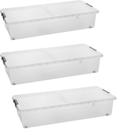SUSTANIA Set di 3 contenitori sotto il letto con ruote e coperchio diviso, dimensioni: 78 x 38 x 16 cm, contenitore sotto il letto da 32 l, made in EU