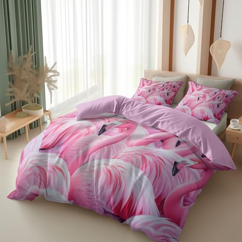 Srigzcaly Pink flamingo Cot-bed Duvet Cover Set, Microfiber Bedding Set with Pillowcases, Ultrasoft Hypoallergenic Reversible Lilac Quilt Cover for Kids Girls Teens Adults (120 x 150 cm)