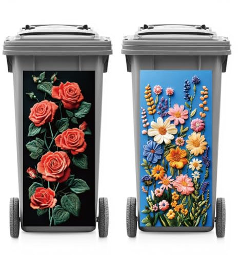 ANATTASOUL 2 Sheets Wheelie Bin Stickers Decorative Roses and Daisies Waterproof Dustbin Decor, 14.9x 32.2 Adhesive Large Decal for Bins, Fridge, Wall Outdoor, Indoor Decoration