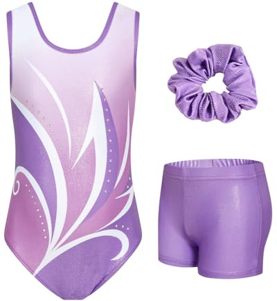 JiAmy - Conjuntos de gimnasia para niñas, 3 piezas de mallas atléticas sin mangas con brillantes, monos de danza con pantalones cortos, ballet, bicicleta, de 3 a 12 años, 6-7 años