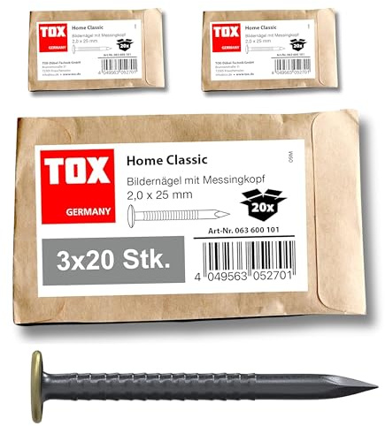 TOX Bildernagel Home Classic aus gehärtetem Stahl mit Messingkopf in recycelbarer Papierverpackung, Größe 2,0 x 25 mm, Stahlnägel für Bilder für nahezu alle Baustoffe, 3x 20 Stk., 063600101