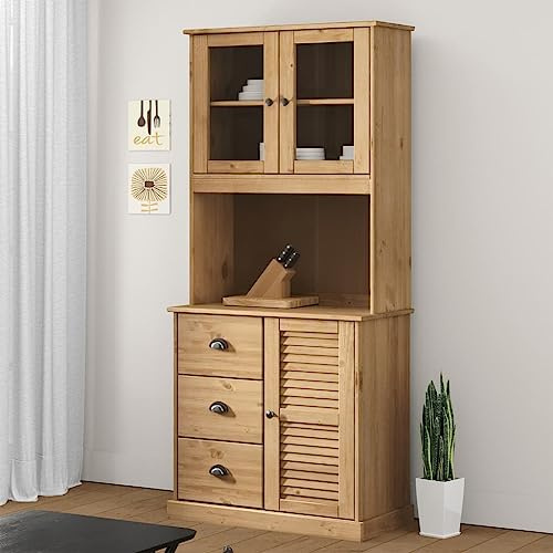 Teenpull VIGO Sideboard-Aufsatz 78x30x100 cm, Massivholz Kiefer Honigwachs-Finish, mit Glastüren, Stauraum für Geschirr, Küchenbuffet-Schrank