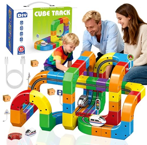 Magic Rail Cube Train Set, Electric Train Set, 3D Embedded Layouts Flexible Race Track, Gravity-Defying Motorized Car Building Toy, Christmas Birthday Gifts for Boys Girls (123PCS,No Additional)