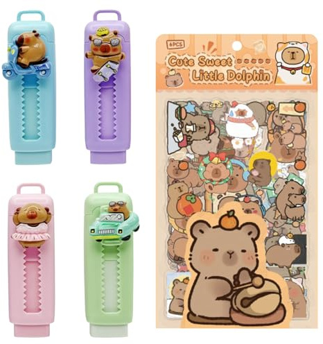 Nurila 4 Stück Radiergummi, Push Pull Radiergummis, Radiergummi Set mit 6 Niedlich Stickers, Radiergummis Kinder für Schule, Büro, Kinder, Schüler (Capybara Blau, Lila, Rosa, Grün)