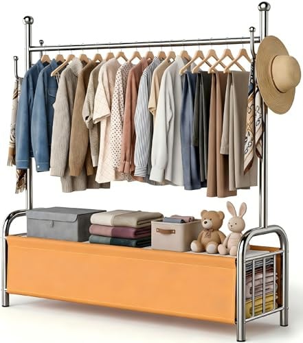 HOMICKER Appendiabiti da Terra in Acciaio Inox, Stand Appendiabiti con Cestino Portaoggetti in Pelle, 115 kg, Porta Abiti Stabile, Attaccapanni, Porta Vestiti da Camera, Organizzazione Casa
