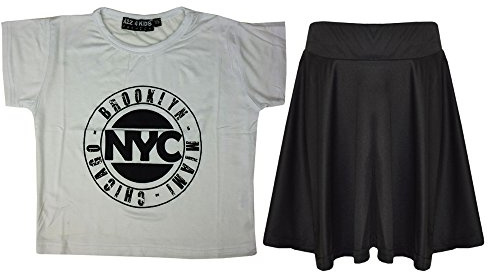A2Z 4 Kids Girls T-Shirt and Skater Skirt Set Short Sleeve Top and Flared - NYC White Top & Skirt Set 13