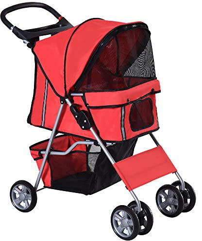 PawHut Pet Stroller for Small Miniature Dogs Cats Foldable Travel Carriage with Wheels Zipper Entry Cup Holder Storage Basket Red