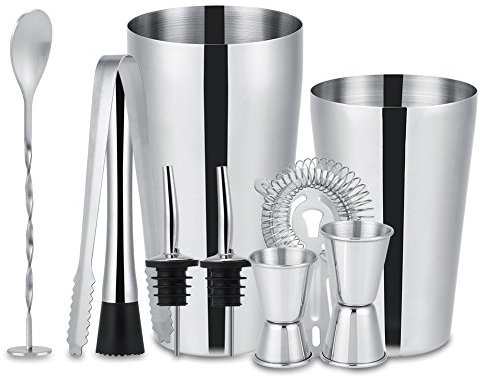 Set Coctelería con 750/600ml Coctelera Profesional,Taza de medir, Cuchara de Bar, Barra de Empuje, colador de cóctel, Pinzas de Hielo y Pico 10 Piezas para Bar, Hogar