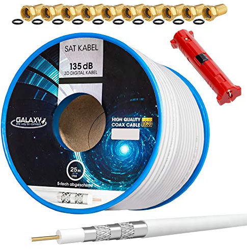 HB-DIGITAL SET 25m Koaxial SAT Kabel 135db Weiß + 10x F-Stecker vergoldet + 1x Abisolierer | CCS Stahl Kupfer Satellit Antennenkabel 5-Fach geschirmt für DVB-S/S2 -C/C2 -T/T2 DAB+ Radio Anlagen