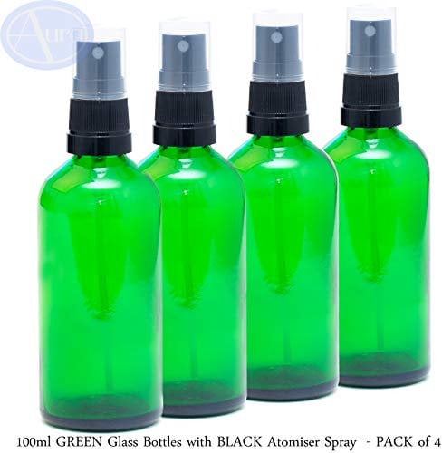 Aura 100ml GREEN Glass Bottles with Black ATOMISER Sprays - PACK of 4