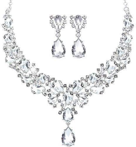 Hicarer Bridal Teardrop Cluster Crystal Jewelry Set Women Silver