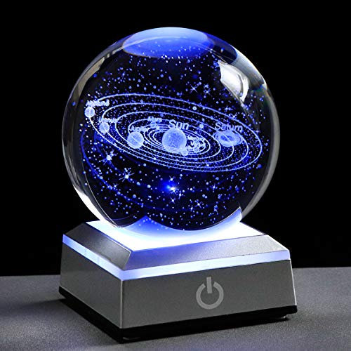 None Kristallkugel mit Sonnensystem, 3D-Planeten, Sonnensystem, Globus mit silberfarbenem LED-Sockel, Ornament für Kinderzimmer (silberfarbener Sockel)