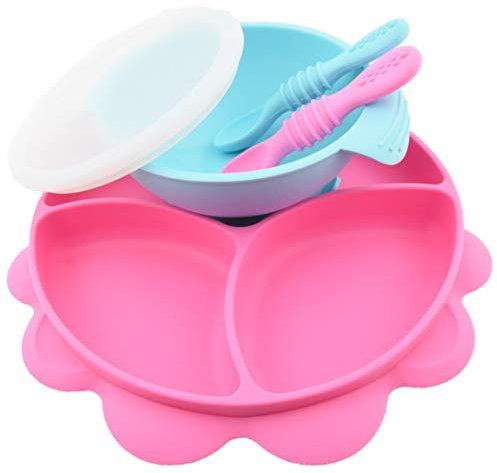 Yummy Baby Toddler Weaning Silicone Suction Divided Plate Bowl with Lid & Matching Spoon Set -Kids Placemat Stay Put Non Slip Feeding Dish BPA Free (Pink and Blue)