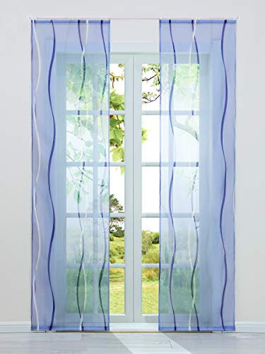 HeichkelL 2-TLG Voile Schiebegardine Flächenvorhänge mit Wellendruck Transparente Dekogardinen inkl. Klettband und Befestigungszubehör Blau 2X 57x245 cm