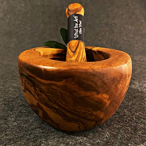 What the Art!® Olive Wood «Le Conique» M | Mortero de madera de olivo + maja + regalo | aprox. Ø 12 x ↑ 7-9 cm