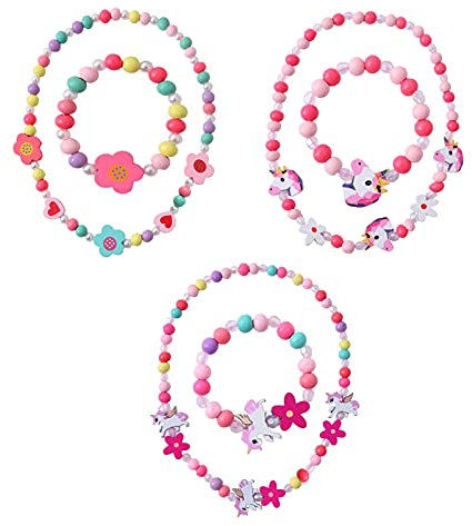 6 Stück Schmuck für kinder mädchen, Ketten kinder, Holz Kinder Schmuck Set, Einhorn Freundschaftsarmband Mädchen Halskette, Einhorn Armbänder Mädchen, Halskette Armbänder Kinder Mitgebsel