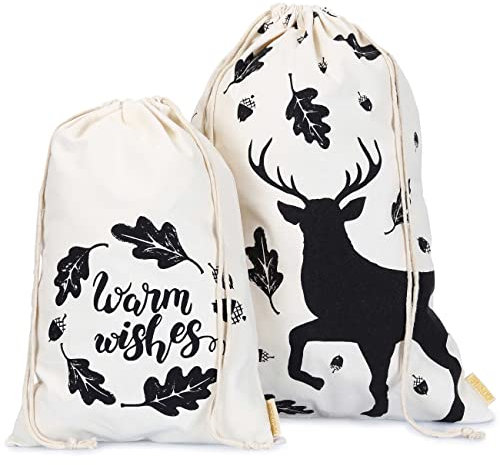 Papierdrachen Geschenkverpackung Weihnachten 2025 - Set 2 Stück - Stoffbeutel beige - groß - bedruckt - Kordelzug - wiederverwendbar - zum Befüllen