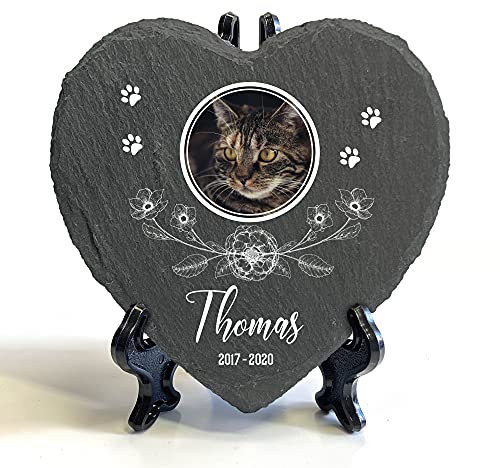 Individueller Personalisiert Herzform Tiergrabstein Schiefer Gedenkstein + Ständer für Hund, Katze und andere Haustiere Tiere - Größe | 10 x 10 cm | - Blumen und Foto