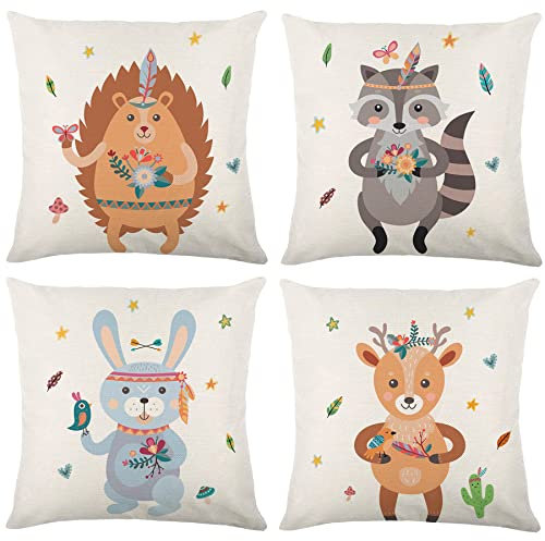 Kissenbezug 40x40 cm 4er Set Natur Leinen Kinderkissen Bezug Cartoon Tiere Igel Hase deko Kissenbezüge Kissen Bunt Zierkissenbezüge für Wohnzimmer Kissenhülle Sofakissen Kinderzimmer Kindertag Deko