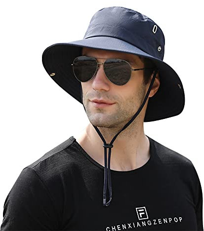 Sonnenhut Herren Damen Sommerhut UV Schutz Fischerhut Faltbar Safari Hut mit Breiter Krempe Gartenhut Wandern Angeln (Marine)