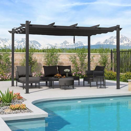 PURPLE LEAF Pergolato da Giardino Pergola 3 x 4 M in Alluminio per Esterno con Tetto a Scomparsa Poliestere Impermeabile e Resistente ai Raggi UV, Grigio