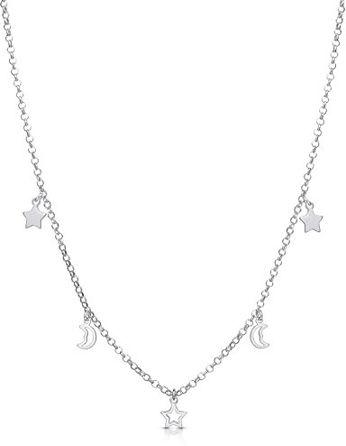 Amberta Damen Himmlisch Halsband aus 925 Sterling Silber: Mond und Sterne Halskette