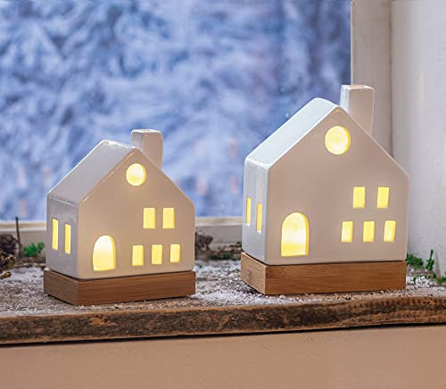 FRANK FLECHTWAREN LED-Haus White, 2er Set, Maße: Höhe 13 cm, 17 cm, Schöne stimmungslicht, vielfältig einsetzbar