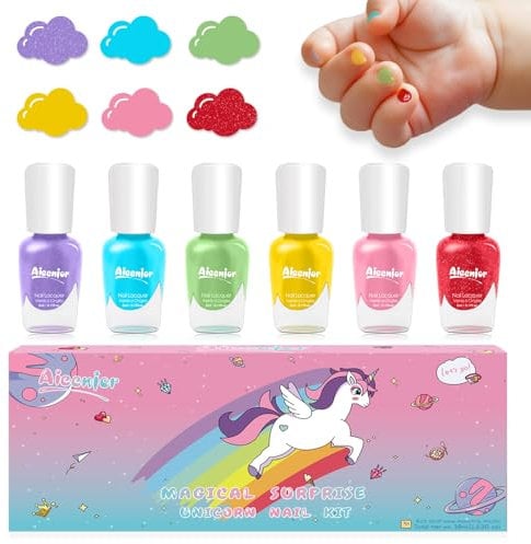 Aieenjor Nagellack für Kinder - Ungiftig, Wasserbasiert, Schnell Trocknend, Peel-off - 6 Farben Regenbogen Party Favors für Make-up Ab 3 Jahren